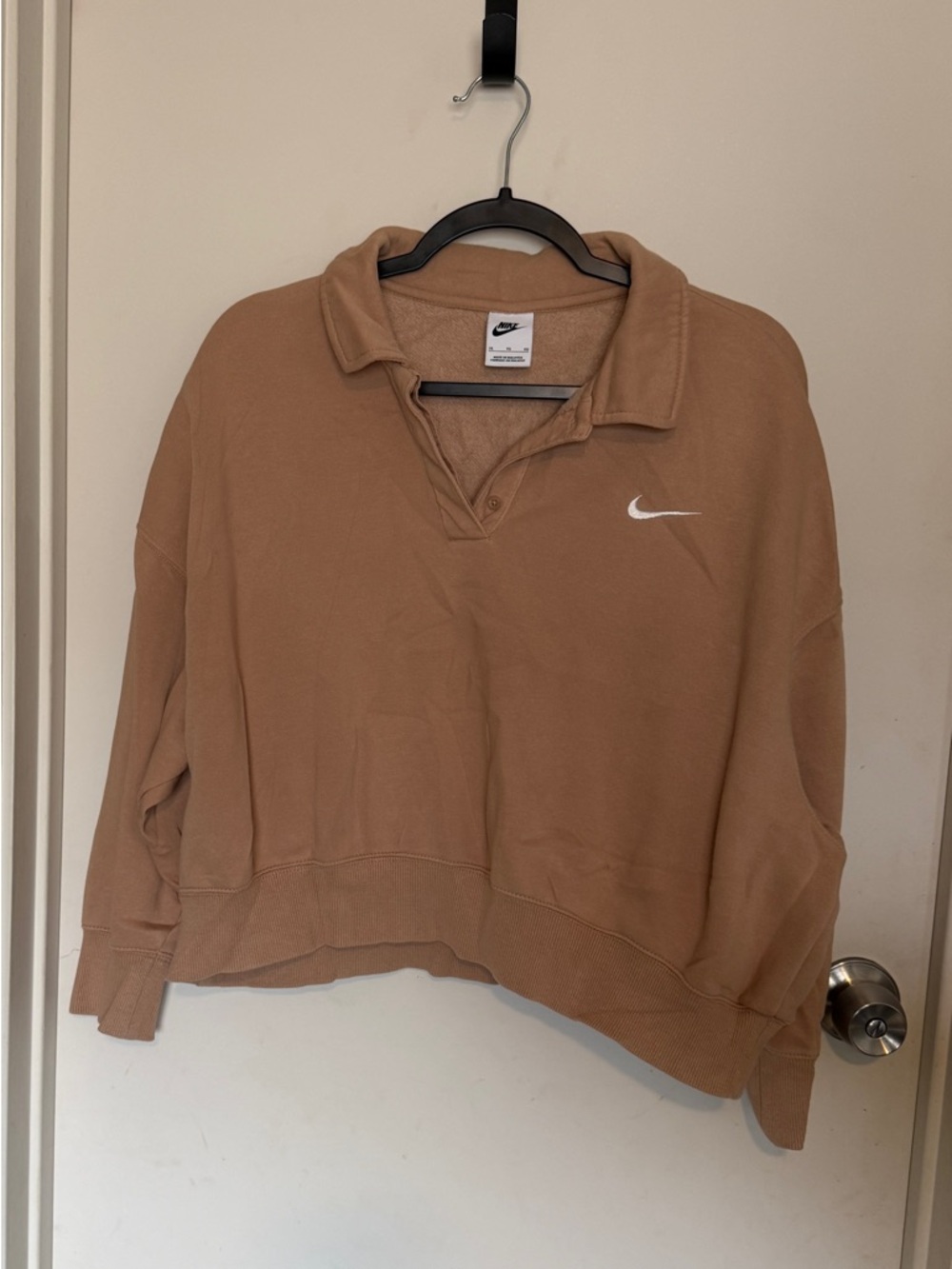 Nike Women's Tan Cropped Sweatshirt with White Swoosh Size XL